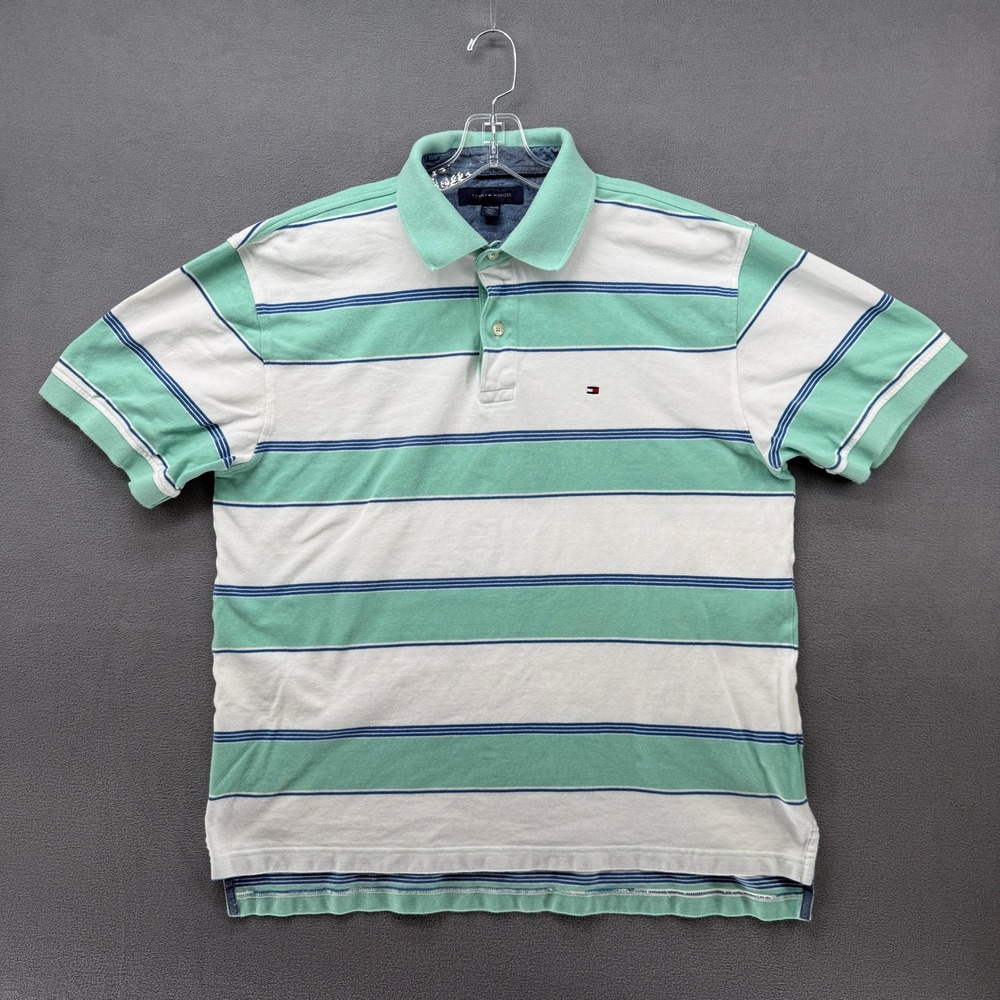Tommy Hilfiger Men's Striped Polo Shirt Green White Blue XL